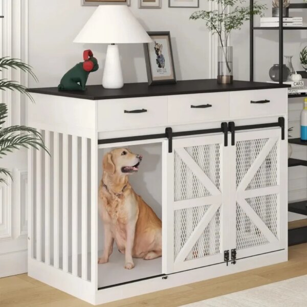 47 Inch Dog Crate Furniture, 2-in-1 Large Dog Kennel with Drawers Storage, Double Doors Heavy Duty Indoor TV Stand