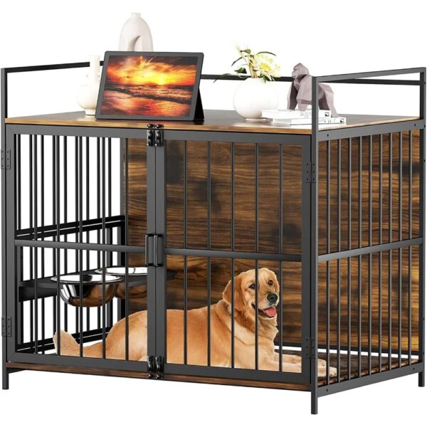 Furniture Style Large Dog Crate with 360° & Adjustable Raised Feeder for Dogs 2 Stainless Steel Bowls -End Table House Pad