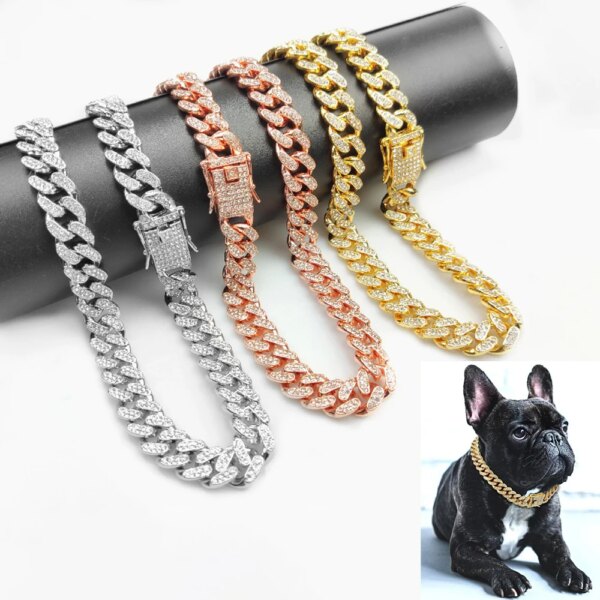 Dog Chain Diamond Cuban Collar Walking Metal Chain Collar with Design Secure Buckle, Pet Cat Cuban Collar Jewelry Accessories