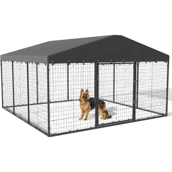 Large Outdoor Dog Kennel,Heavy Duty Dog Cage with Roof,Galvanized Steel Dog Kennel Fence with Double Safety Locks