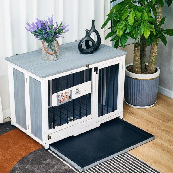 Wooden Dog Crate Furniture - Dog Kennel Pet House End Table, Solid Wood Portable Foldable Indoor Cage for Dogs, No Assembly Need