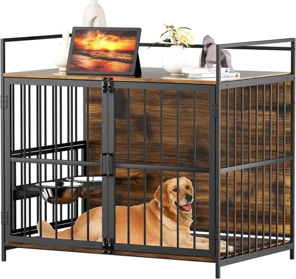 Furniture Style Large Dog Crate with 360° & Adjustable Raised Feeder for Dogs 2 Stainless Steel Bowls - End Table House Pad