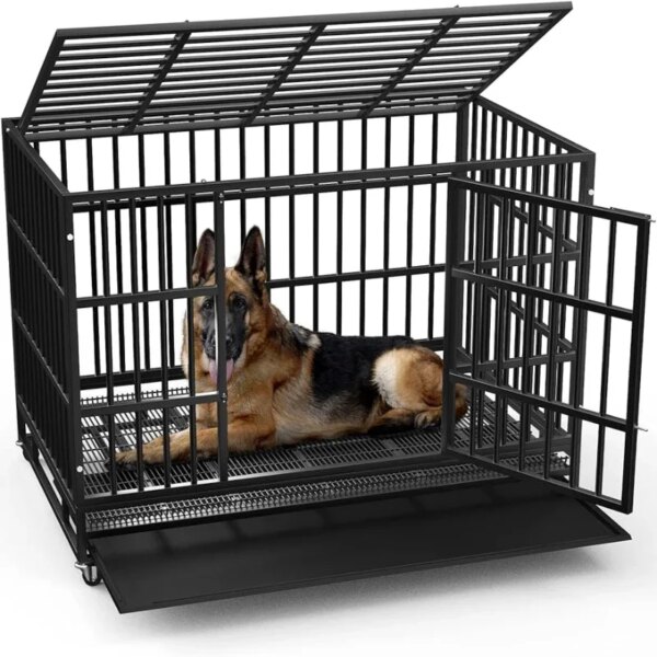 48/38 inch Heavy Duty Indestructible Dog Crate, Escape Proof Dog Cage Kennel with Lockable Wheels,High Anxiety Double Do