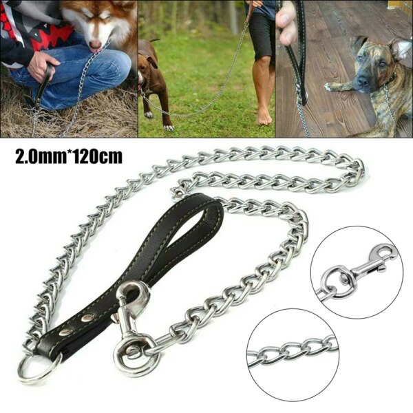 2021 New Heavy Duty Metal Chain Dog Lead With Leather Handle Long Strong Control Leash Correa Para Mascotas