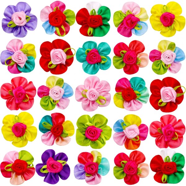 20PCS Fashion Pet Dog Cat Bob Hair Bows Mix Color Rose New Lace Dog Hairpin Rubber Bands Handmade Boutique Gift Pet Accessories