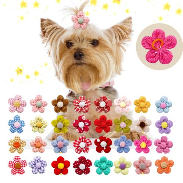 20PCS Pet Bows Flowers Shape Hair Accessories Handmade Dog Bows With Rubber Bands Bowknot For Dogs Pet Grooming Products