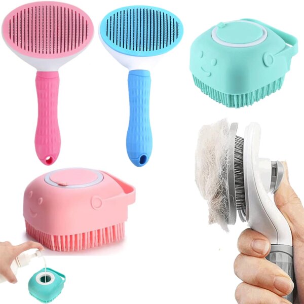 2PCS Cat Grooming Kit,Pet Self-Cleaning Slicker Brush Cat Brushes Cat Bath Brush For Long and Short Haired Cats and Dogs