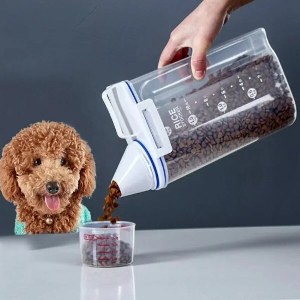 2kg Dog Cat Food Pail Plastic Storage Tank with Measuring Cup Container Moisture-proof Sealed Jar Pet Supplies Accessories