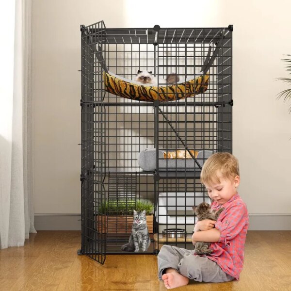 3-Tier Dog Kennel, Cat Cage Indoor Cat Fence Metal, Cat Fence Pet Box with Extra Large Hammock