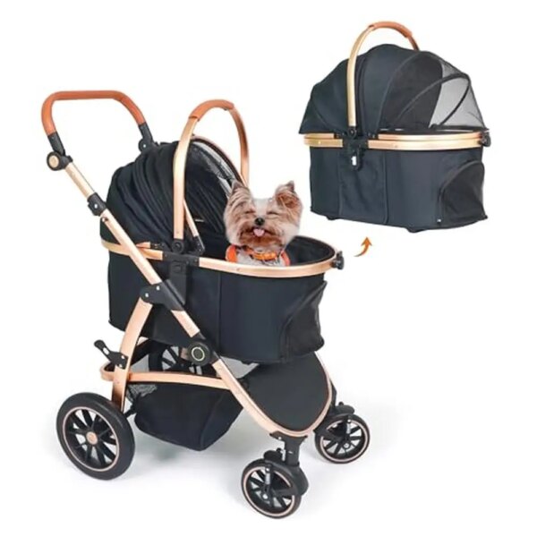 3-in-1 Pet Stroller Carrier Bed ISOFIX Brake System Cup Holder Accessory Pouch Comfort Cushion Seatbelt Strap Safe Travel