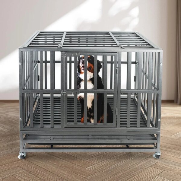 37Inch Heavy Duty Dog Kennel Strong Metal Dog Cage Pet Crate for Medium and Large Dogs with Four Lockable Wheels Removeable Tray