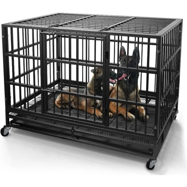 48/38 Inch Heavy Duty Dog Crate Cage Kennel with Wheels, High Anxiety Indestructible, Sturdy Locks Design