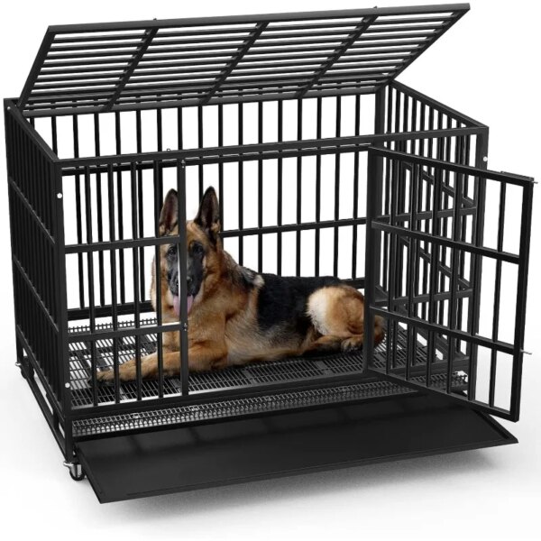 48/38 inch Heavy Duty Indestructible Dog Crate, Escape Proof Dog Cage Kennel with Lockable Wheels,High Anxiety Double Door