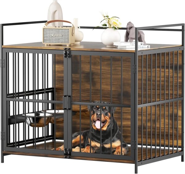 48 Inch Furniture Style Large Dog Crate with Two 360° & Adjustable Stainless Steel Bowls, End Table Dog House,Large Dog Kennels