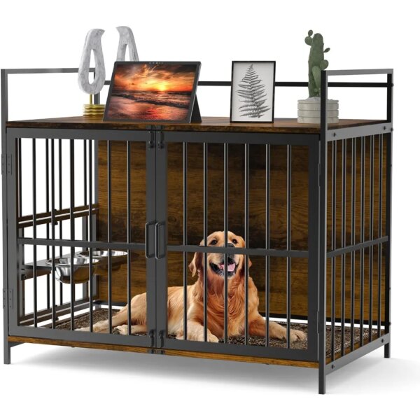 48 inch large dog cage with two 360 ° adjustable bowls, end table dog house, for indoor use in large dog rooms