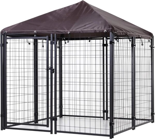 5' x 5' x 5' Dog Kennel Outdoor Walk in Pet Playpen Welded Wire Steel Dog Fence with Water and UV Resistant Canopy Jet Black