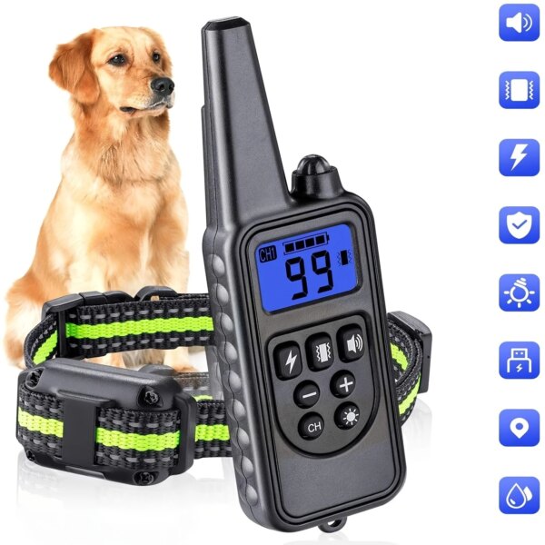 500m 800m 1000m Dog Training Collar Remote Control Shock Vibration Sound Anti Bark Dog Collar Electric Rechargeable EU Plug