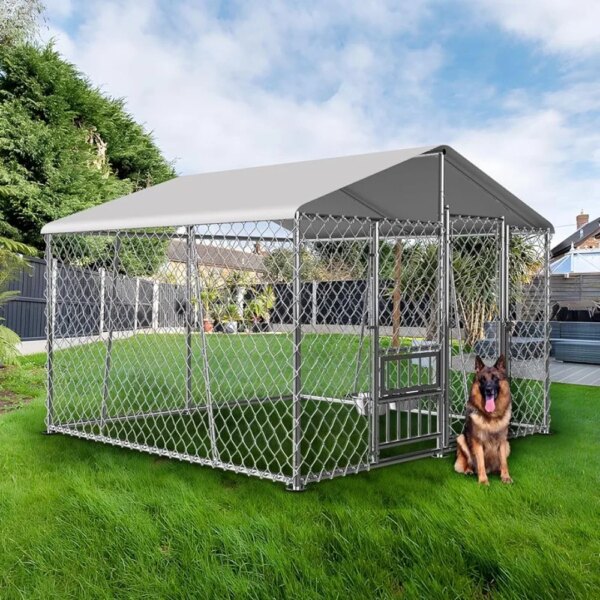 7.5 x 7.5 x 5.6 foot outdoor dog house with roof and bowl,large dog house fence with side rails, heavy-duty chain link dog house