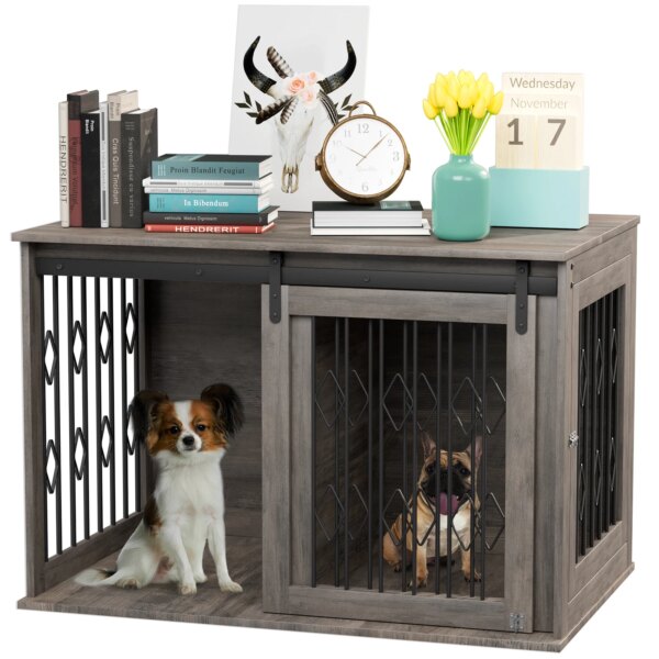 AOOU Dog Crate Furniture w/Sliding Barn Door, Wooden Dog Kennel w/Flip-top, 39.4'' Dog Cage End Table w/Detachable Divider