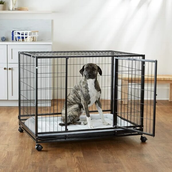 Big Dog House for Dogs Black Heavy Duty Stackable Dog Pet Kennel on Wheels With Tray Puppy Crate Supplies Products Home Garden