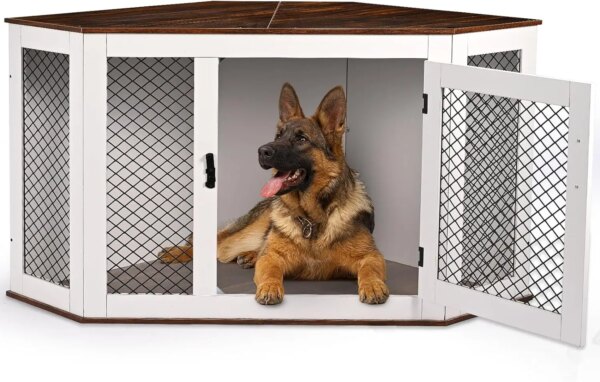 Corner Dog Crate Furniture, Wooden Dog Kennel End Table with Door Furniture Style Dog House Pet Crate Indoor Use for Small Mediu