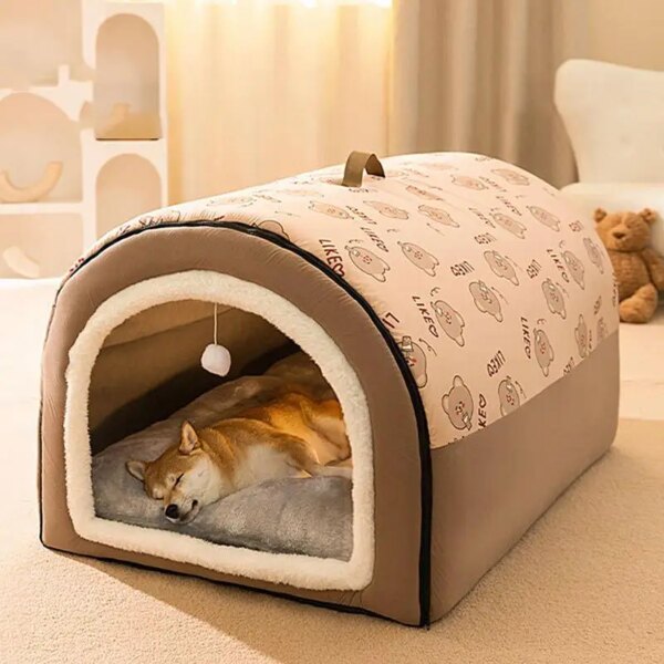 Covered Dog Bed 2 In 1 Detachable Cat House With Ball Pendant Cat Hideaway House Warm Washable Cozy Dog Beds For Large Dogs