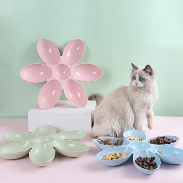 Creative Cat Food Bowl Six Grid Petal Anti Snatching Plastic Puppy Pet Bowls Pet Dining Plate Multi-Function Cat Dog Food Feeder