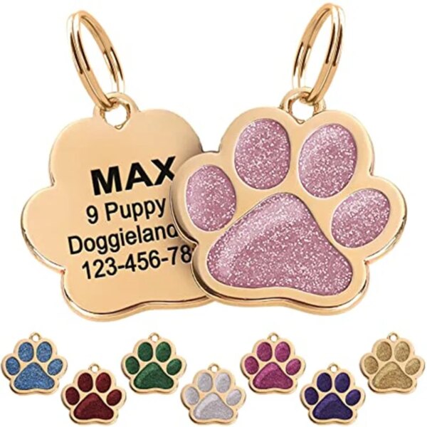 Custom Gold Pet ID Tags Sparkly Paw Shape Personalized Shiny Dog Glitter Silent Cute Doggy for Puppies Laser Engraved Name