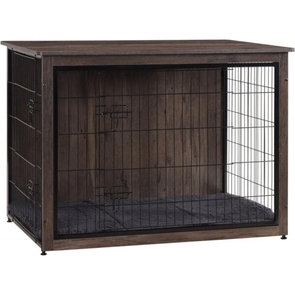 DWANTON Dog Crate Furniture with Cushion, XL Wooden Dog Crate with Double Doors, Large Dog Crate Furniture, Dog Kennel Indoor, E