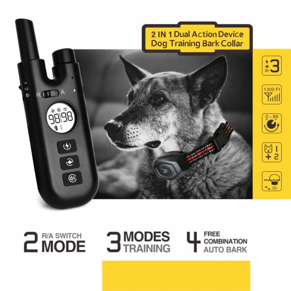 Dog Bark Shock Collar Electric Training Remote Dog Collar Rechargeable 2 in 1 Waterproof No Bark Control Pet Trainer Device