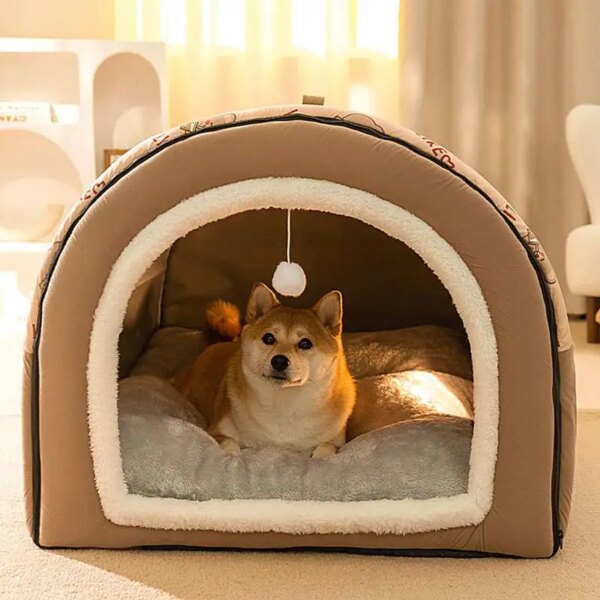 Dog Cave 2 in 1 Detachable Covered Cat Bed with Ball Pendant Cat Hideaway House, Warm Washable Cozy Dog Beds for Large Dogs