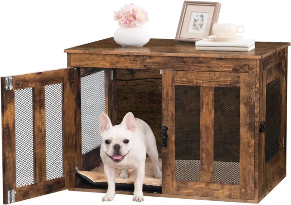 Dog Crate Furniture with Cushion, Heavy Duty Dog Kennel with Double Doors, Decorative Wooden Pet House End Side Table,