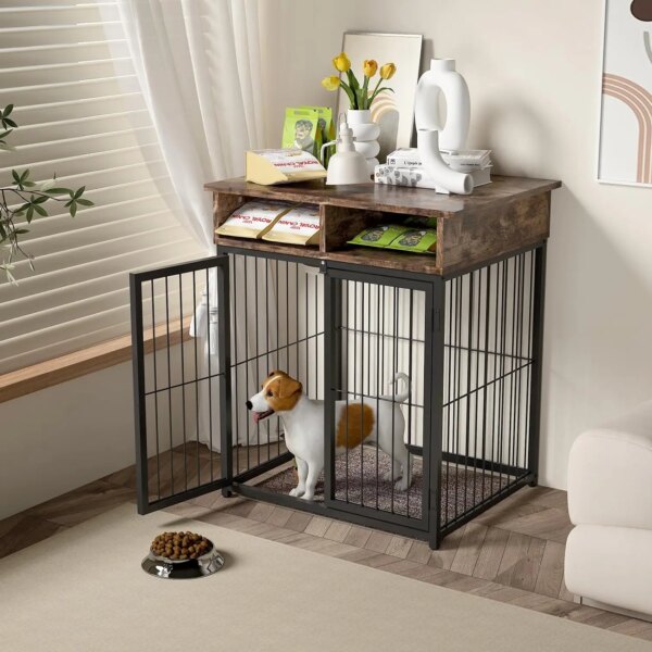 Dog Crate Furniture with Cushion,Wooden Dog Crate with Double Doors,Dog Kennel Indoor,End Table Dog Cage House