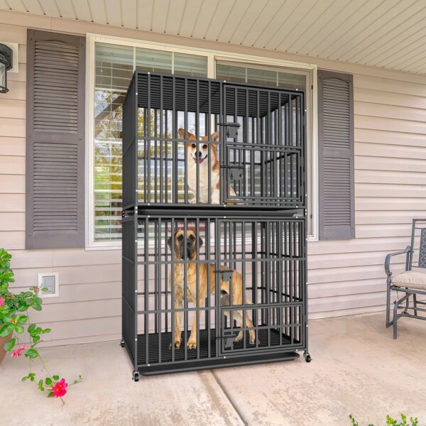 Dog Kennels Heavy Duty Metal Dog Crate Cage House with Removable Tray and Steel Lock Latch for All Breeds Double-layer