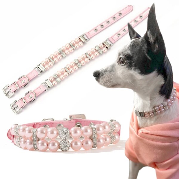 Dog Pearl Collar Artificial Pearls Rhinestone Dog Collar PU Leather Adjustable Pet Collars for Dogs Cat Puppy Kitten Accessories