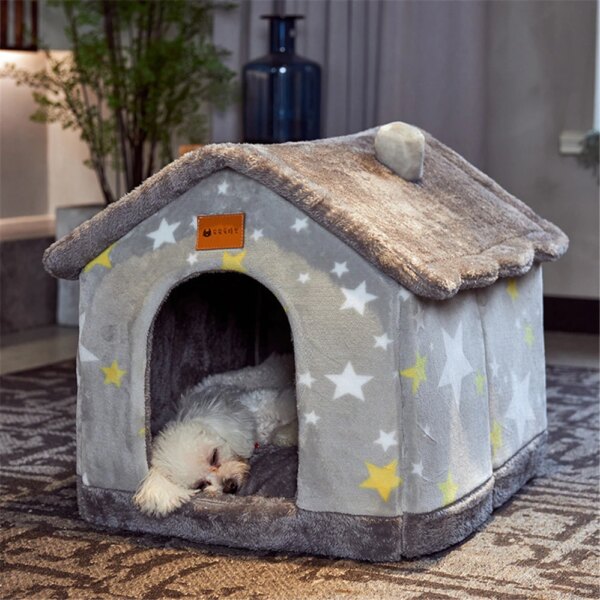 Dog Washable Cottage Shaped Kennel House Pet Cage Accessories Cat  Indoor Foldable Tent Supplies Furniture Warm Soft Cozy Carton