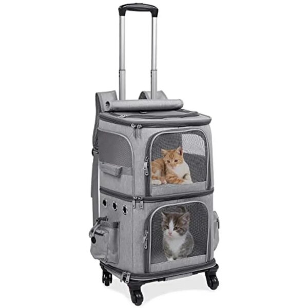 Double-Compartment Pet Carrier Backpack with Wheels 2 Small Pets Rolling Bag Ventilated Portable Travel Trolley 360° Rotation