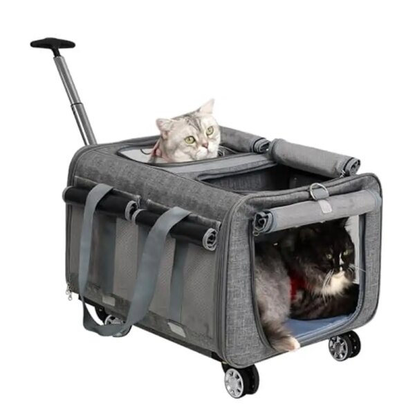 Double Compartment Pet Carrier on Wheels 2 Cats Breathable Grid Windows Plush Cushion Stable Structure 21\