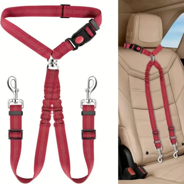 Double Dog Restraint Safety Seatbelt No Tangle Dog Leash Duty Adjust Elastic Puppy Lead Harness in Vehicle Travel for 2 Dogs