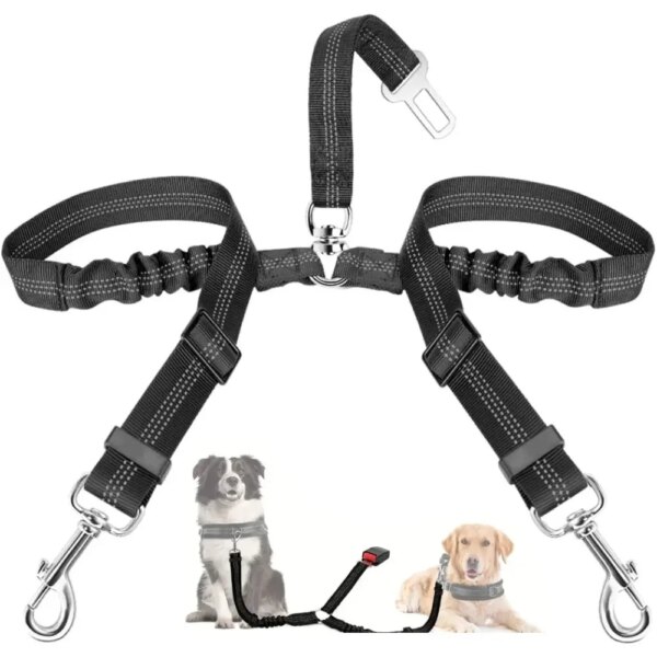 Double Dog Seatbelt Adjustable Vehicle Safety Leash with Elastic Protect Shock Reflective Dog Car Restraint for Pet Safety Belt