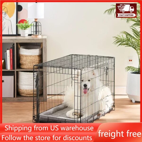 Double-Door Folding Metal Wire Dog Crate With Divider and Tray Free Shipping Fence for Dogs Pet Cats Pet Products House Cage Big