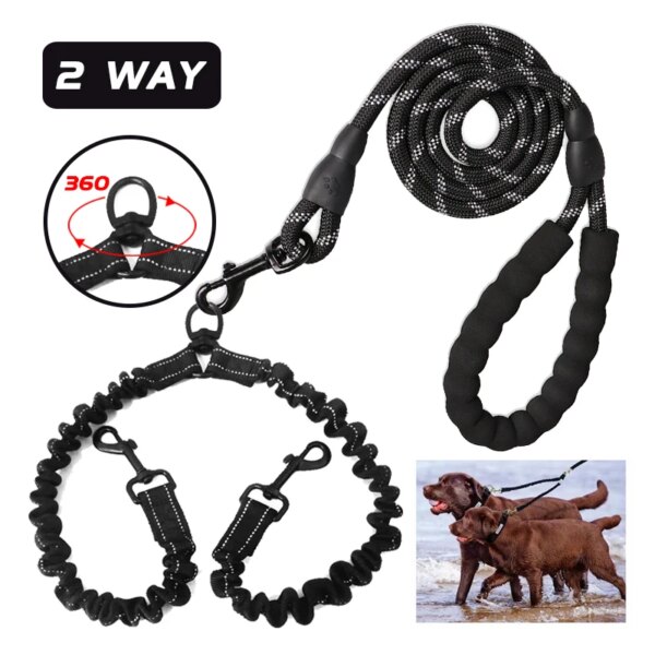 Dual Dog Leash No Tangle Strong Pet Leashes Rope Shock Absorbing Elastic Nylon Lead Reflective for Double Two Small Large Dogs