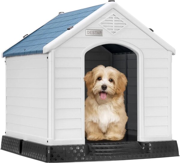 Durable Waterproof Plastic Pet Dog House Indoor Outdoor Puppy Shelter Kennel with Air Vents and Elevated Floor