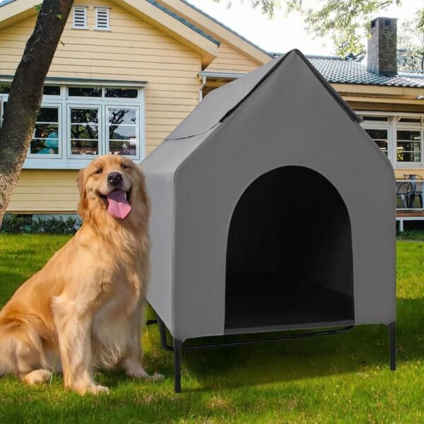 Extra-large kennel, indoor or outdoor large kennel with a breathable textile raised dog bed that is easy to clean