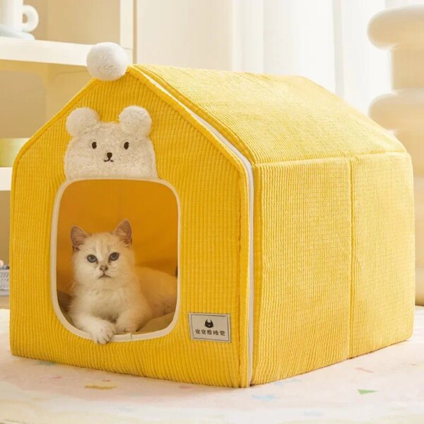 Foldable Dog House for Cats and Small Dogs Enclosed Warm Plush Sleeping Nest Bed with Removable Cushion Indoor Pet Cave Bed Tent