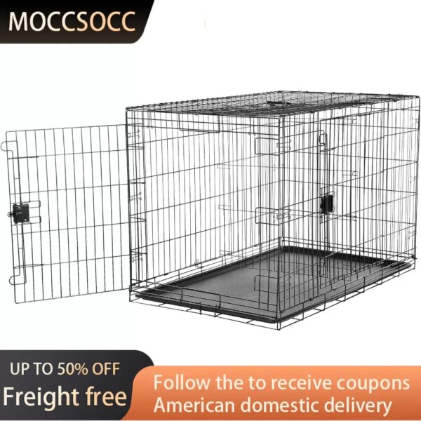 Foldable Metal Wire Dog Crate With Tray Durable Puppy House Dogs Inside 48 X 30 X 32.5 Inches Double Door Black Cage for dogs