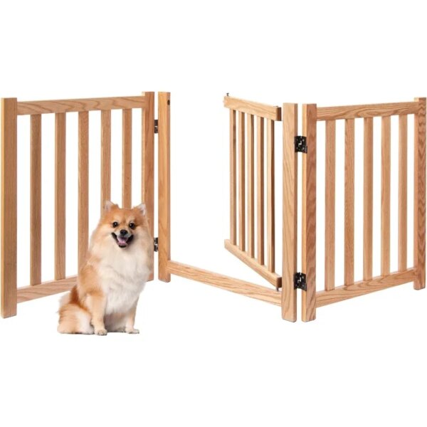 Freestanding Dog Gate-24 Solid Oak Wood Wooden Pet Gate with Door Walk Through, Accordion Style Folding Fence for Stairs