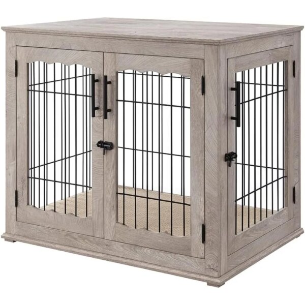 Furniture Style Dog Crate End Table Double Doors Wooden Wire Dog Kennel With Pet Bed Cage Supplies Products Home Garden