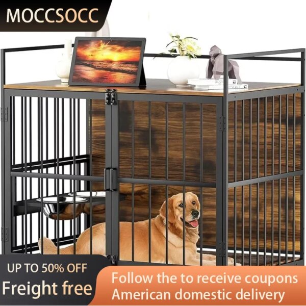 Furniture Style Large Dog Crate with 360° & Adjustable Raised Feeder for Dogs with 2 Stainless Steel Bowls -End Table Dog House