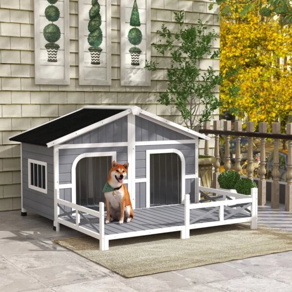 Grey Wooden Dog House Cabin Style Elevated Pet Shelter for Small and Medium Dogs, w/ Porch Deck  59\